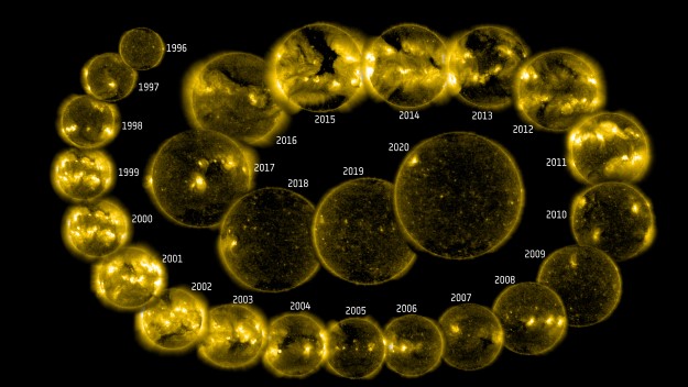 Montage of 25 images captured by SOHO. (SOHO/ESA/NASA)
